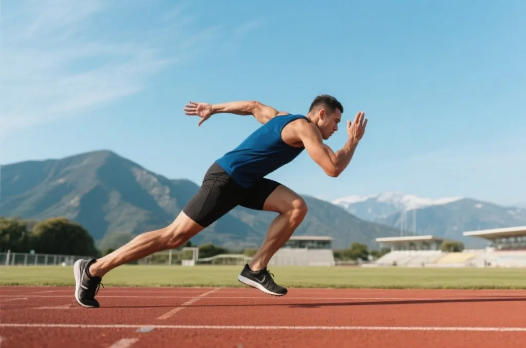 A professional athlete in generic sports gear training intensely on an outdoor track with distant mountains